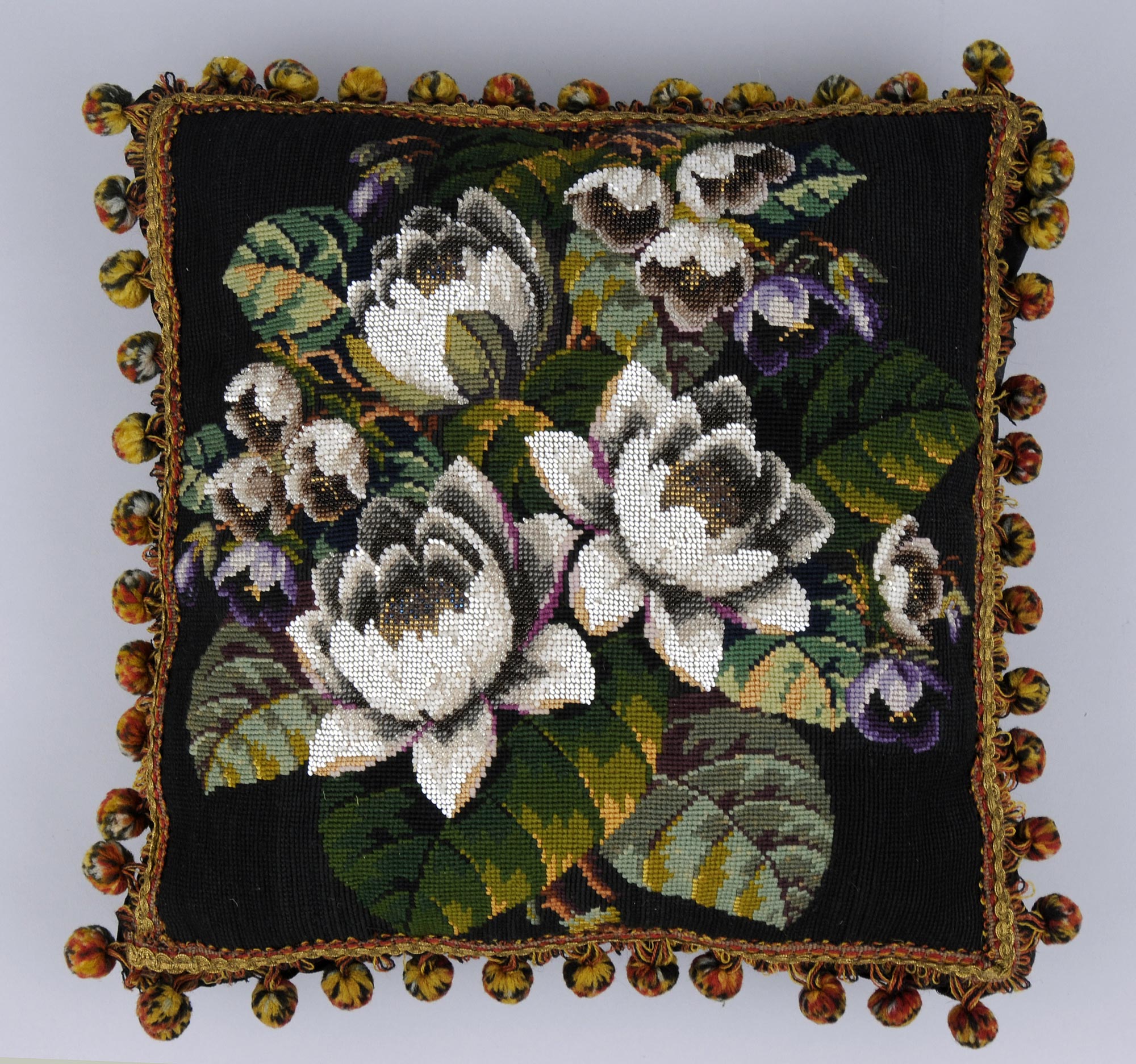Victorian Wool Beaded Pillow, Circa 1860