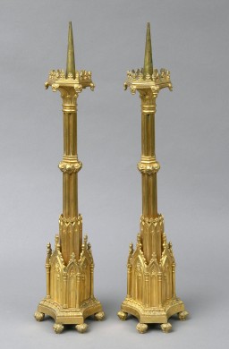 Pair English Antique Bronze Gothic Revival Candlesticks