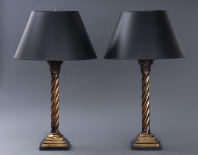 Antique English Pair of Brass Column Lamps