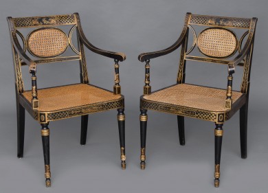 Pair English Chinoiserie Black Lacquered & Gilded Caned Armchairs, Circa 1870