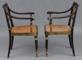 Pair English Chinoiserie Black Lacquered & Gilded Caned Armchairs, Circa 1870