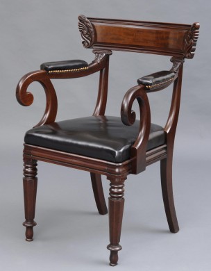 English William IV Mahogany & Leather Library Desk Open Armchair, Circa 1835