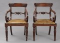 Pair Antique English Regency Carved Mahogany Scroll Armchairs, Circa 1820