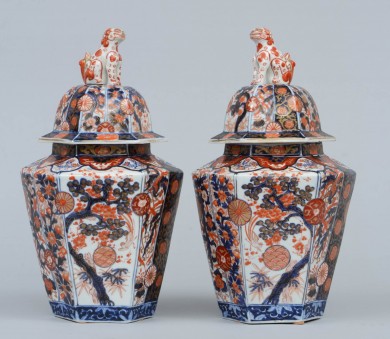 Pair Imari Porcelain Vases & Lids