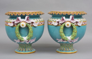 Pair Large Minton Majolica Jardiniers, Marks for 1883 & 1884