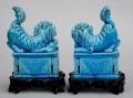 Pair Chinese Turquoise Foo Dogs On Stands, Circa 1900
