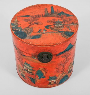 Antique Chinese Red Lacquer Leather Hat Box