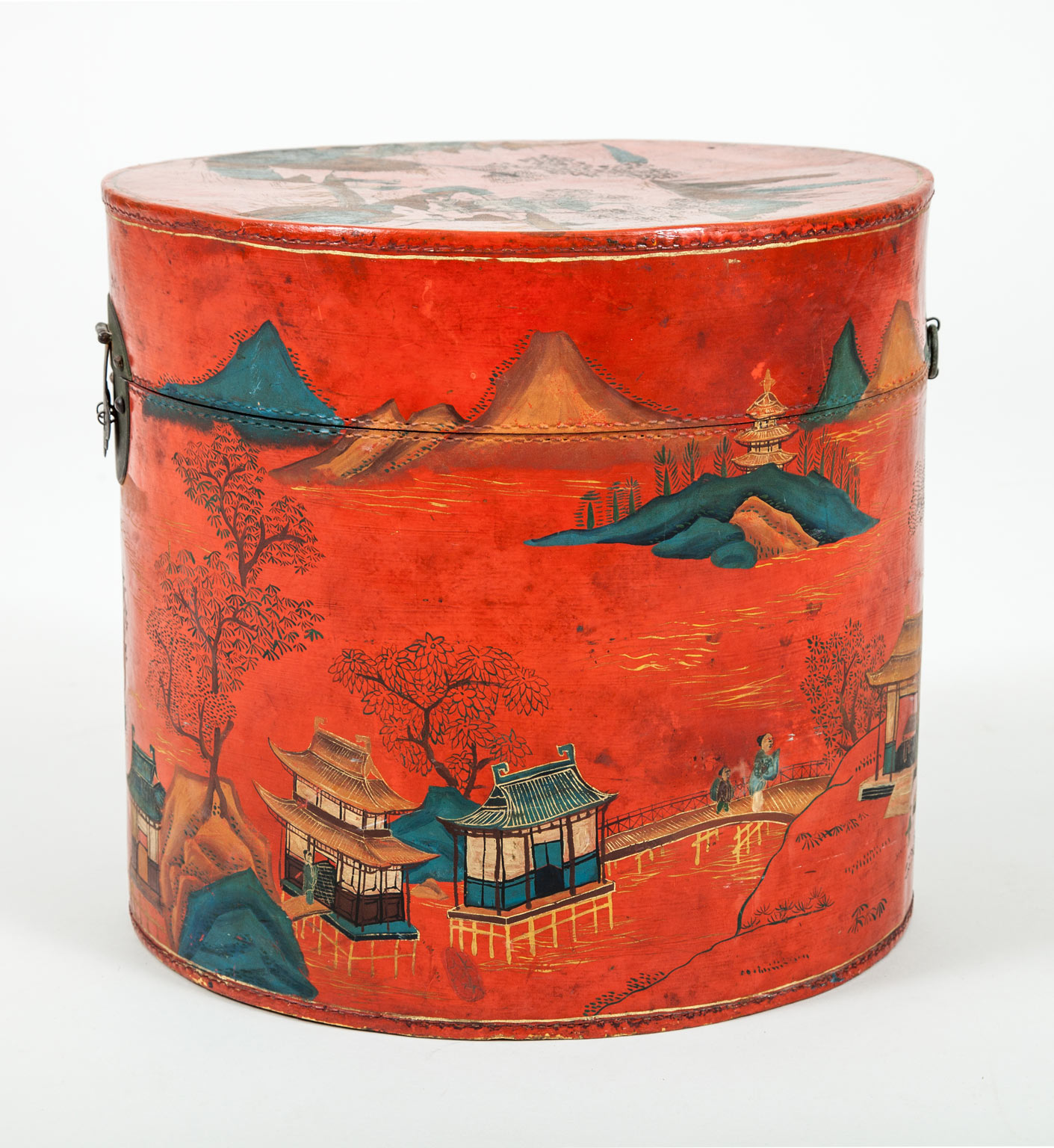 Hat Box Double Chinese Antique Leather Lacquered Decorative Box Brass Lock  And Lid Mandarin Antique Round Wooden Storage Box Decorative Item