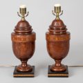 Pair of English Inlaid Walnut Lamps