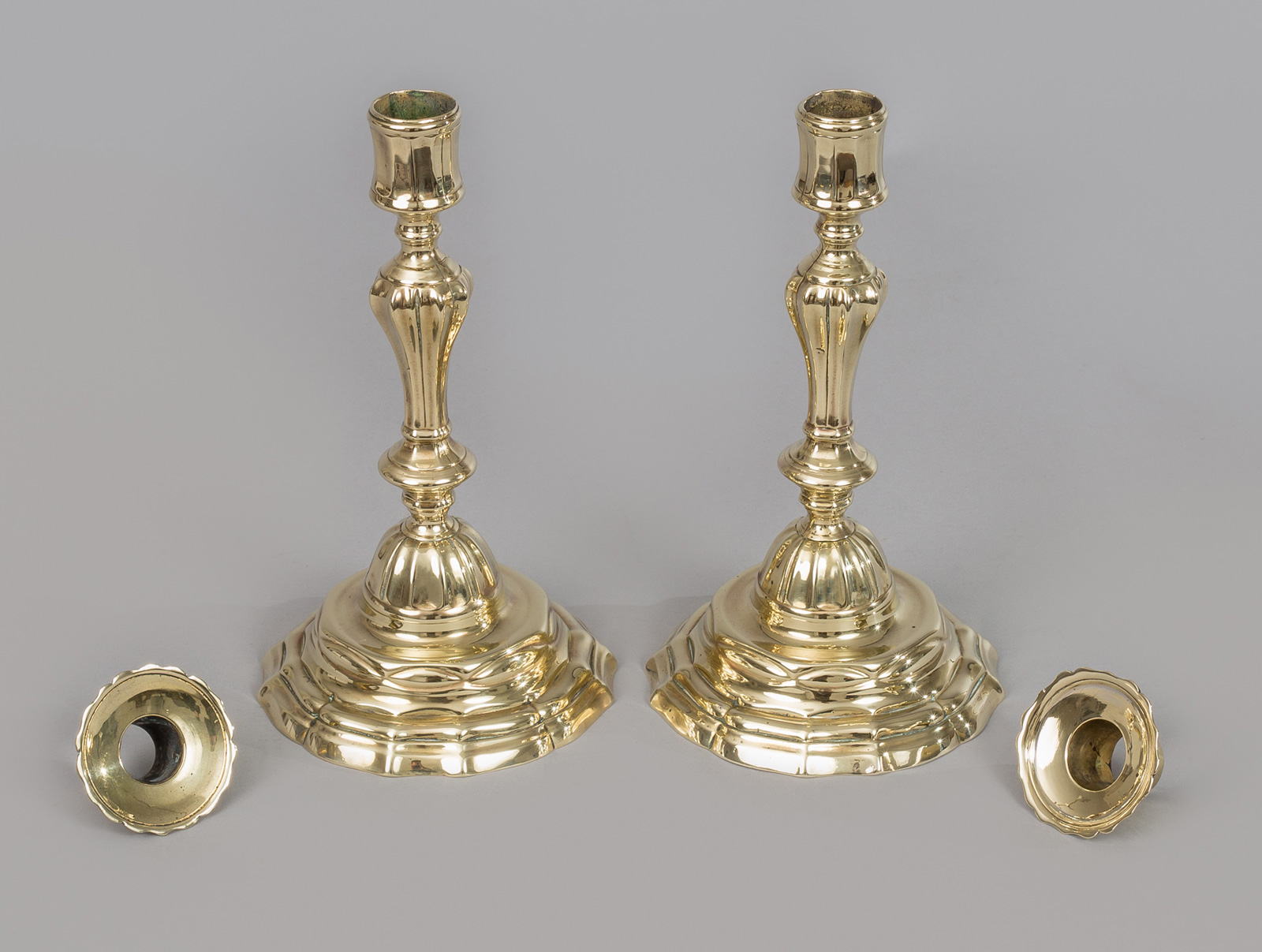 rare pair primitive antique 18th century turned brass candlestick