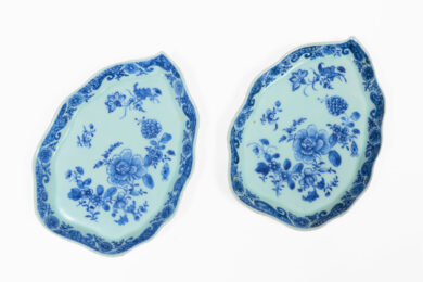 Pair Chinese Export Blue and White Qianlong Leaf-Shaped Dishes