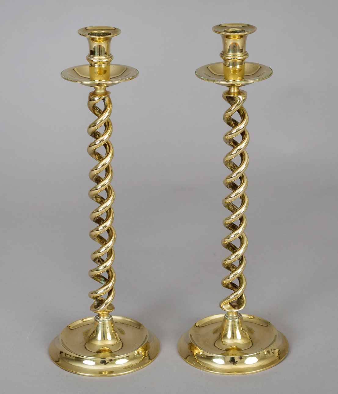 Heavy Antique English Brass Open Barley Twist Candlesticks C.1900, 83321
