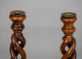 Antique Pair Yew Wood Open Barley Twist Candlesticks