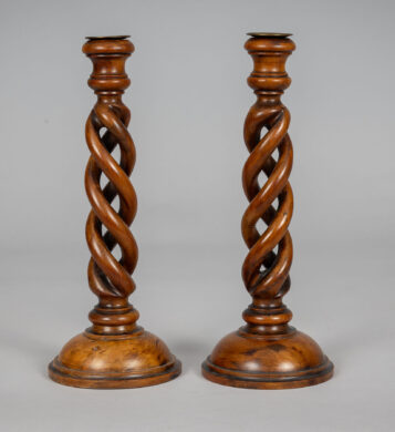 Antique Pair Yew Wood Open Barley Twist Candlesticks