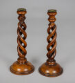 Antique Pair Yew Wood Open Barley Twist Candlesticks