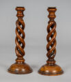 Antique Pair Yew Wood Open Barley Twist Candlesticks
