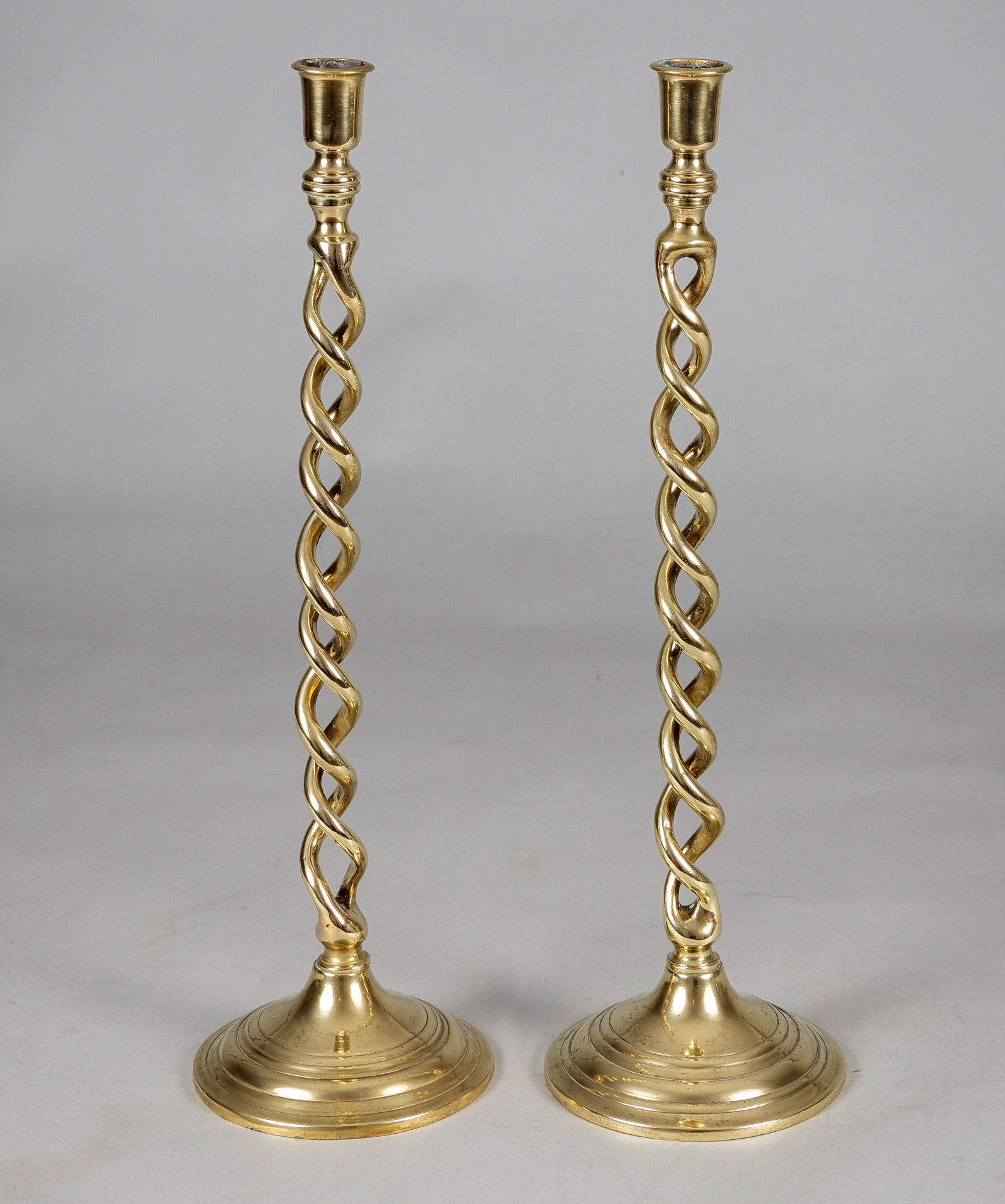 Pair Antique English Brass Open Barley Twist Candlesticks C.1900