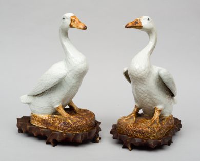 Pair of Chinese Porcelain Ducks on Stands