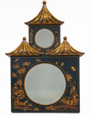 Chinoiserie Ebonized Two-Tiered Pagoda Topped Mirror