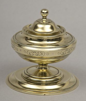 English Antique Round Brass Inkwell, Circa 1860