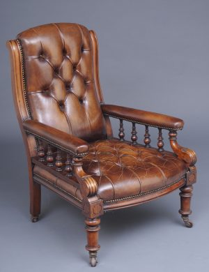 English Antique Victorian Mahogany and Leather Library Armchair, Circa 1860