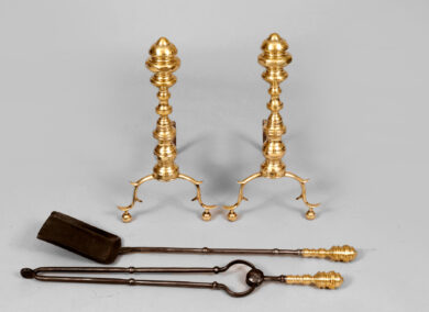 Pair Antique American Brass Andirons with Tools