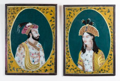 Pair Indian Reverse Glass Paintings