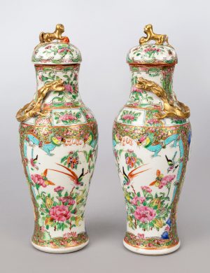 Pair Chinese Canton Famille Rose Lidded Vases