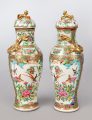Pair Chinese Canton Famille Rose Lidded Vases