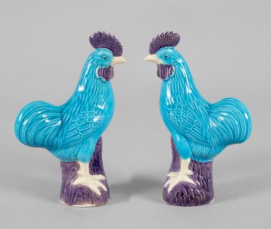 Chinese Porcelain Turquoise and Purple Roosters, A Pair
