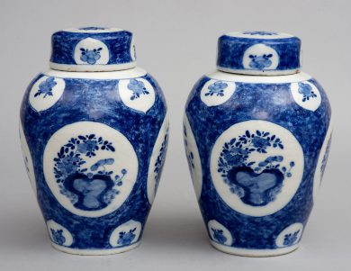 Pair Dutch Delft Blue and White Vases and Lids,18th Century