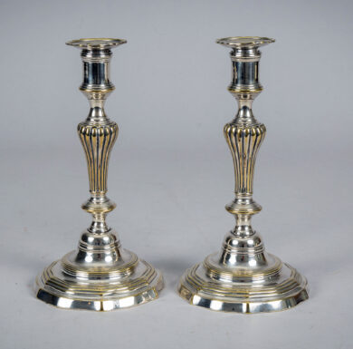 Antique Pair French 18th Century Silver-Plate Candlesticks