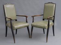 Pair French Mid Century Ebonized Open Armchairs, Circa 1940's-Main Angled View