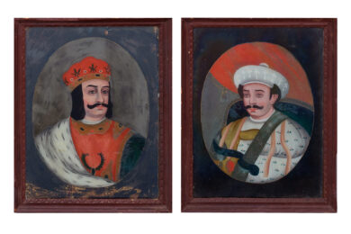 Pair Indian Reverse Glass Paintings